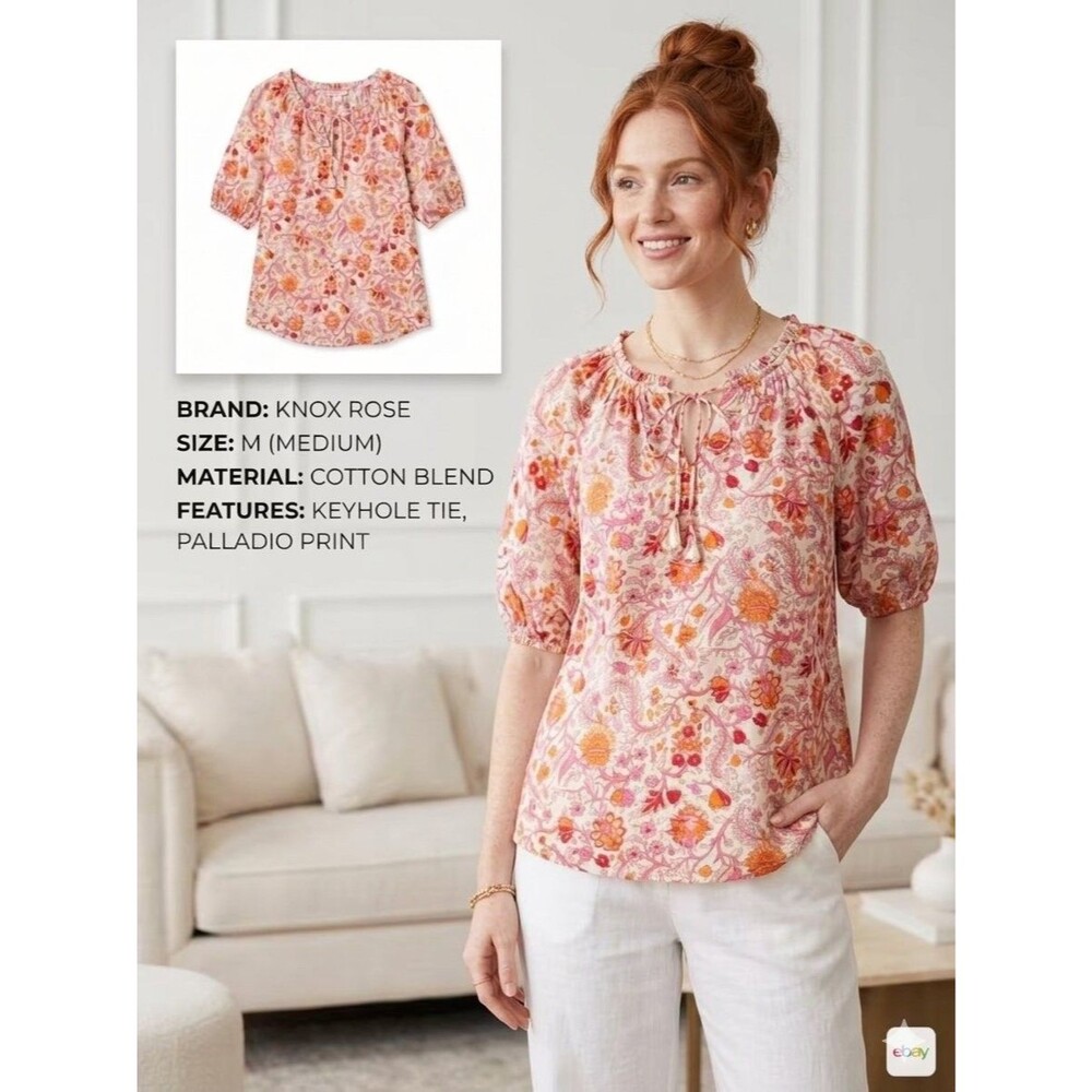 NWOT KNOX ROSE M Boho Peasant Top 100% Cotton Floral Tassels Pullover Gen Z Cool